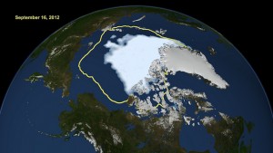 בספטמבר 2012 התכווצה כיפת הקרח הארקטית לכיסוי המינימלי המתועד בהיסטוריה (בתמונה). הקו הצהוב מסמן את ממוצע כיסוי הקרח המינימלי בחודשי הקיץ ב-30 השנים האחרונות 