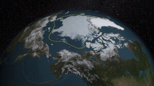 הקו הזהוב מתאר את גודלה הממוצע בשנים 2010-1981 של כיפת הקרח הארקטית. מקור:  NASA/Goddard Scientific Visualization Studio 