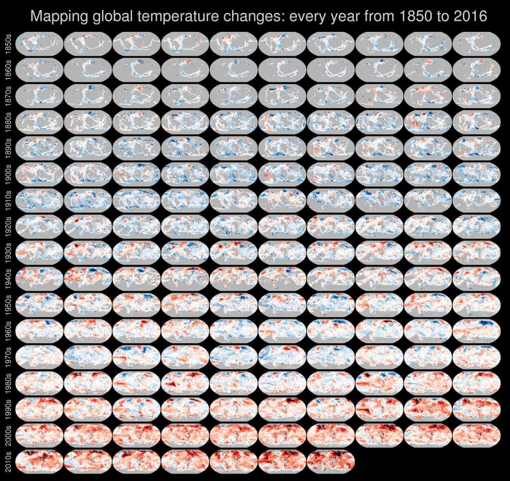 תצוגה של מפת העולם על פי שינוי האקלים משנת 1850 ועד 2016 