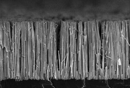 לננו-חלקיקים יכולות להיות תכונות שונות מאשר לחומר שאינו נמצא במצב של חלקיקים בגודל ננו-מטרי. בתמונה: סיבים של סיליקון וטיטניום דו-חמצני שיכולים לשמש בהפקת מימן ממים. צילום: Berkeley Lab, Flickr