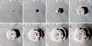 התפרצות הר הגעש טונגה. צילום: NASA Earth Observatory images and video by Joshua Stevens, using data courtesy of Kristopher Bedka and Konstantin Khlopenkov/NASA Langley Research Center, and GOES-17 imagery courtesy of NOAA and the National Environmental Satellite, Data, and Information Service (NESDIS).